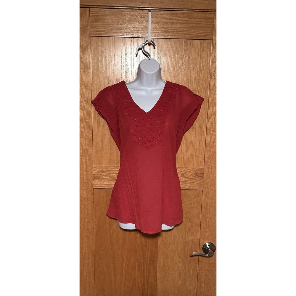 Vintage 90s Y2K Jaclyn Smith Red Beaded Cotton Boho V Neck Flutter Blouse Size S